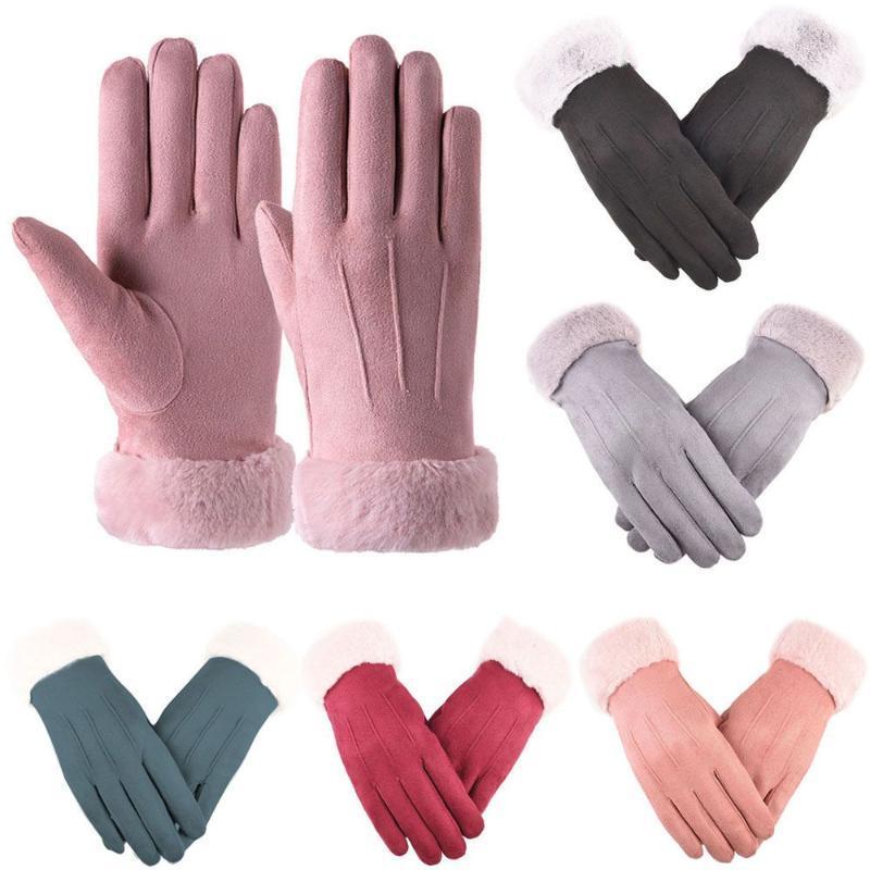 Five Fingers Gloves Fashion Outdoor Sport Autumn Winter Touch Screen Furry Warm Mitts Thick Plush Full Finger Mittens Women