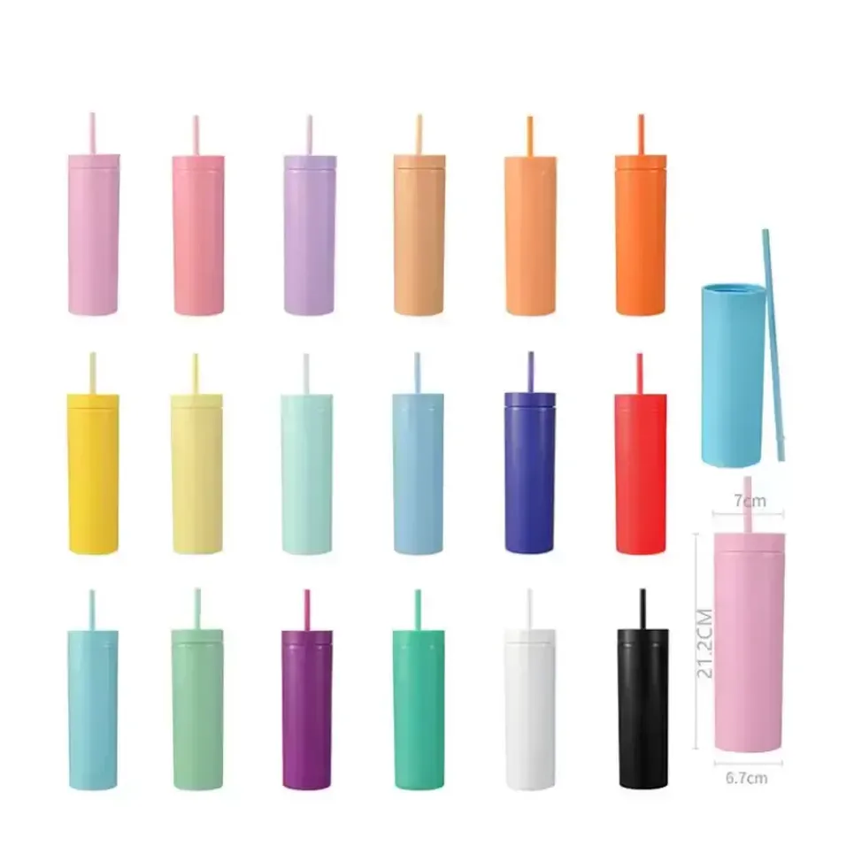 

16 oz Acrylic Tumblers Matte Colored Water Bottles with Lids and Straws Double Wall Plastic Coffee Cup Gifts Straight Drinking Cup sxmy28, 16oz