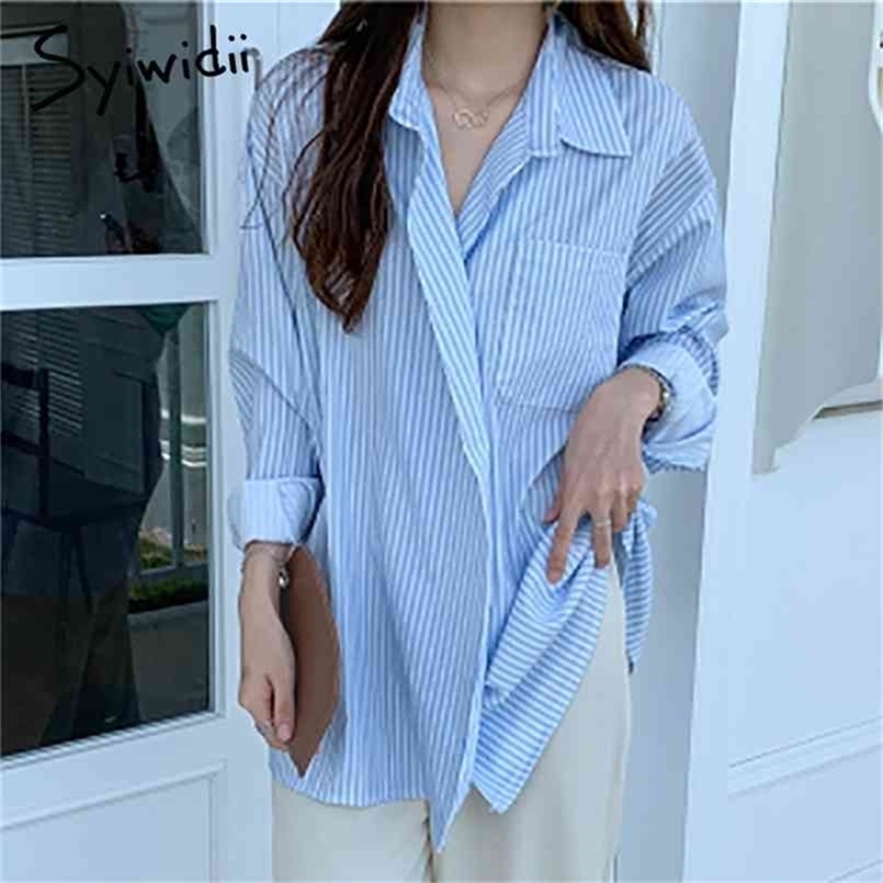 

Striped Pockets Blouses Women Single Breasted Tops Turn-down Collar Long Sleeve Clothing Summer Fashion Shirts 210607, Light blue