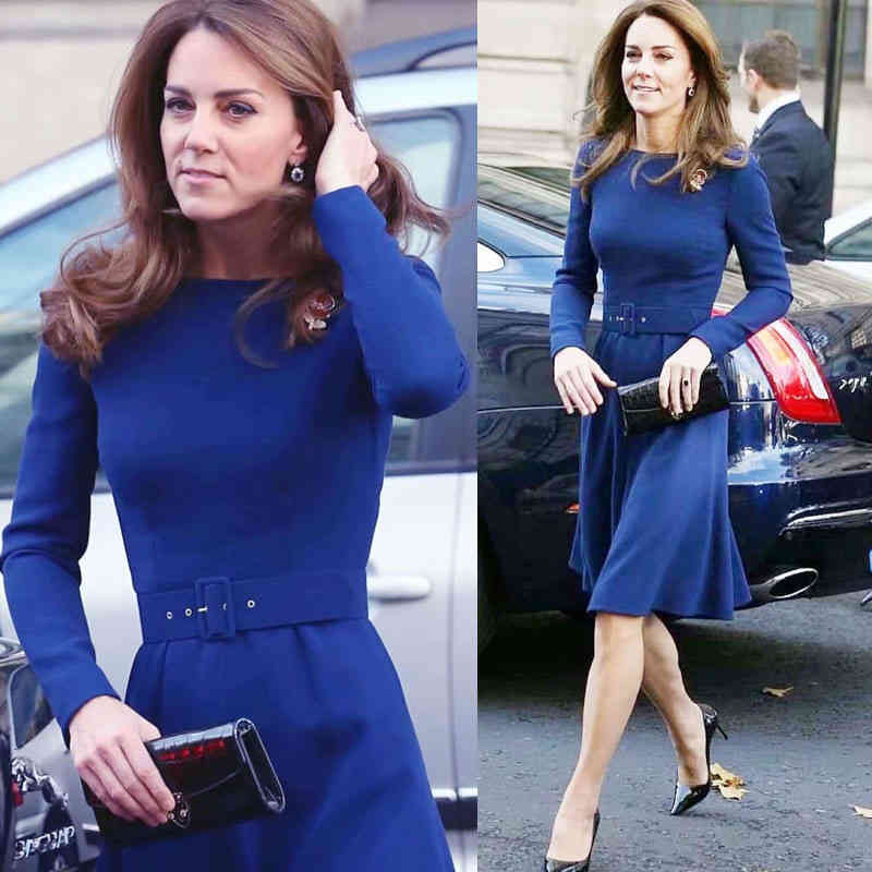 

Casual Dresses Autumn women' dress Princess Kate' same round neck long sleeve with belt blue BUKN, 2# box