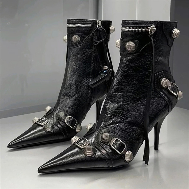 

Black Woman Designer Ankle Boots Sexy Stud Buckle Real Leather Side Zip Womens Stiletto Heel Booties Pointed Toe Winter Shoes EU43