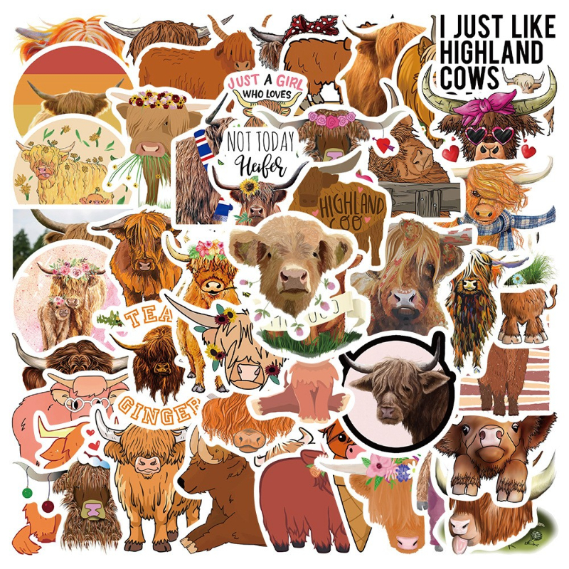 

50Pcs/Lot Cute and funny Highland cattle Sticker kyloe Cow Stickers Graffiti Kids Toy Skateboard Phone Laptop Luggage Sticker Decals, Multi colors