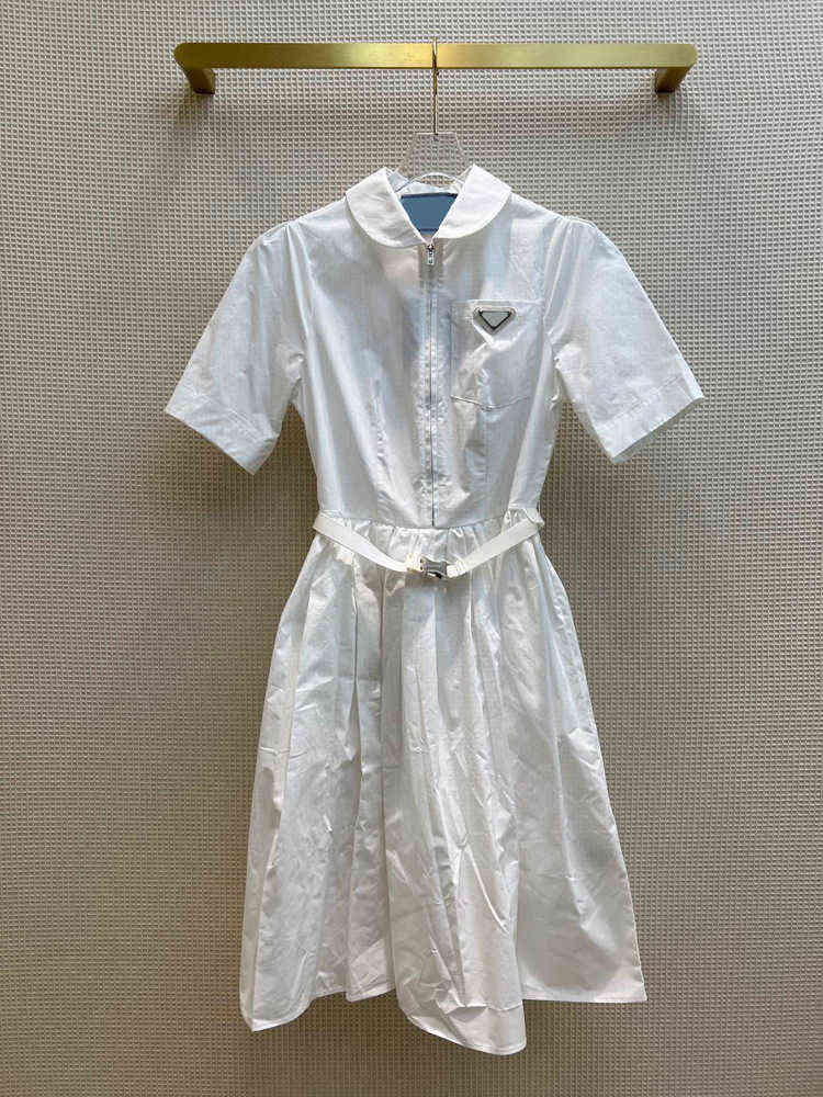 

college style shirt dress casual simple waist crimping short sleeve long skirt summer high end, White
