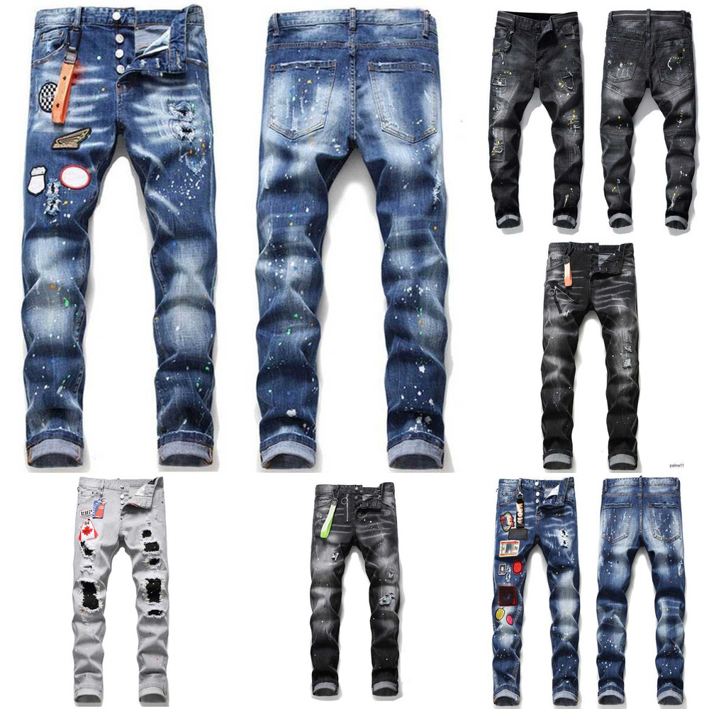 Jeans Mens men jean Hip hop pants street trend Zipper chain decoration ripped Rips Stretch Black Fashion Slim Fit Washed Motocycle Denimcowboy