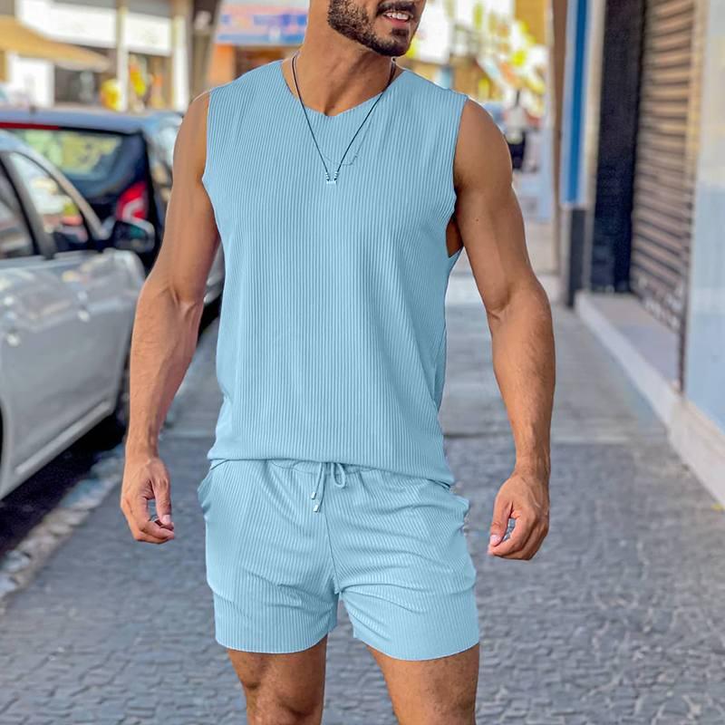 

Men' Tracksuits Men Casual Sets Solid Color Vacation O-neck Sleeveless T Shirt & Shorts Two Pieces 2022 Streetwear Suits -5XL INCERUNM, Black