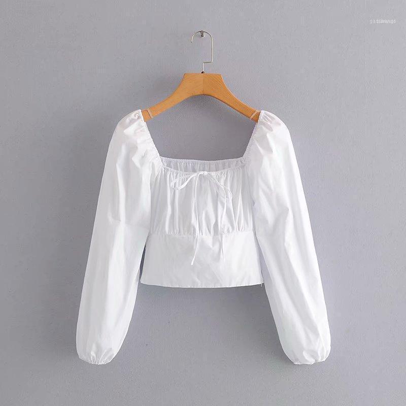 

Women Vintage Square Collar Black White Color Casual Blouse Female Puff Sleeve Hem Elastic Shirt Chic Blusa Tops LS66431, Tongl ls6643b