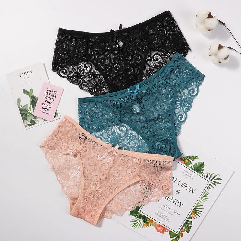 

3pcs Pack Sexy Women Lace Panties Underwear Briefs  M L Xl Transparent Floral Bow Soft Lingerie, Khaki white wine red