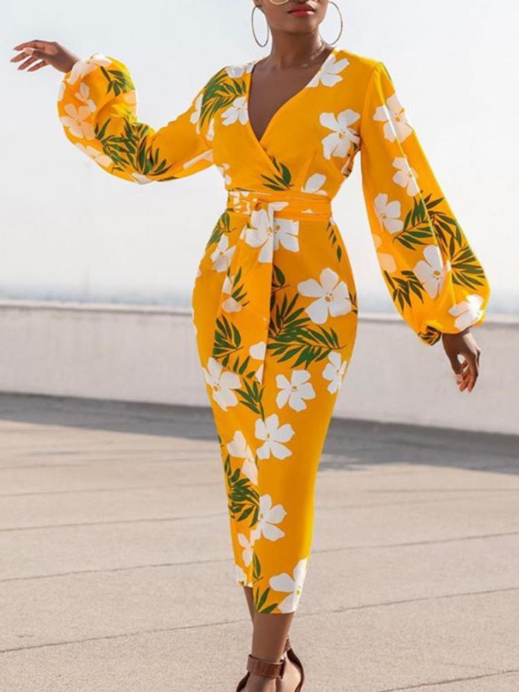 Robes Décontractées Robe Imprimée Jaune Col En V Fleur Blanche À Manches Longues Lanterne Moulante Taille Haute Femmes Vestidos Dames Africaines