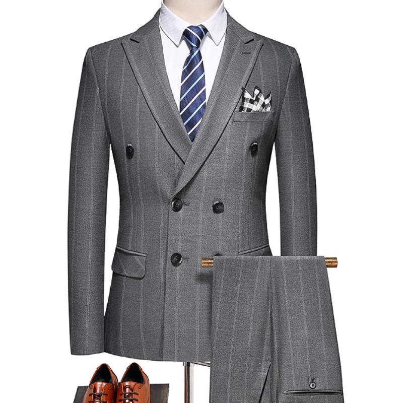 

Men's Suits & Blazers [Jacket + Pants] 2022 Double-breasted Striped Suit Dress Two-piece Business Casual Suit/ Men, Gray