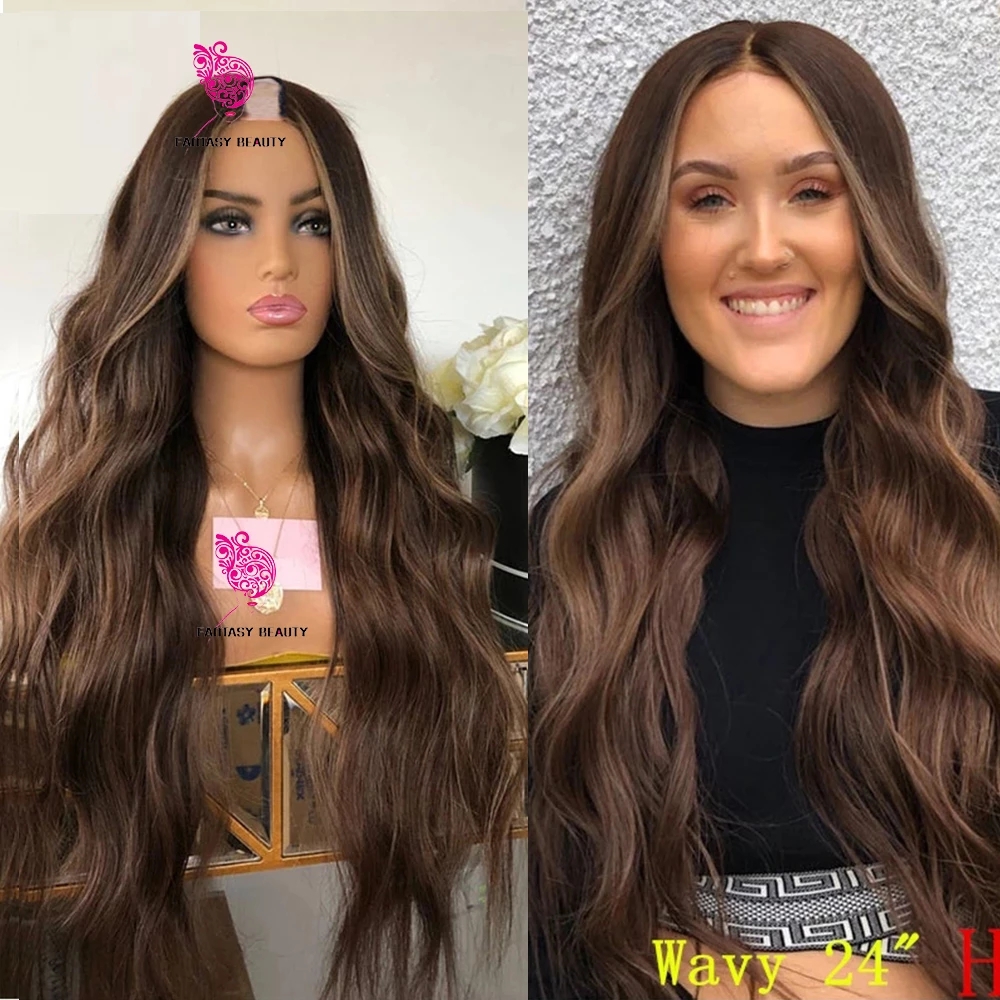 

Glueless Highlights Chocolate Brown V Part Wigs 100% Human Hair Unprocessed Honey Golden Blonde U Shape None Full Lace Wig End Full Machine Made, As picture color