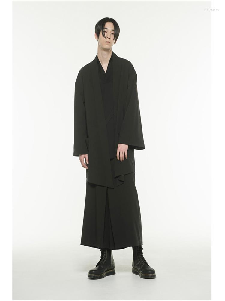 

Men' Trench Coats Spring Collarless Cardigan Solid Color Fashion Personality Kimono Style Super Loose Jacket Viol22, Black