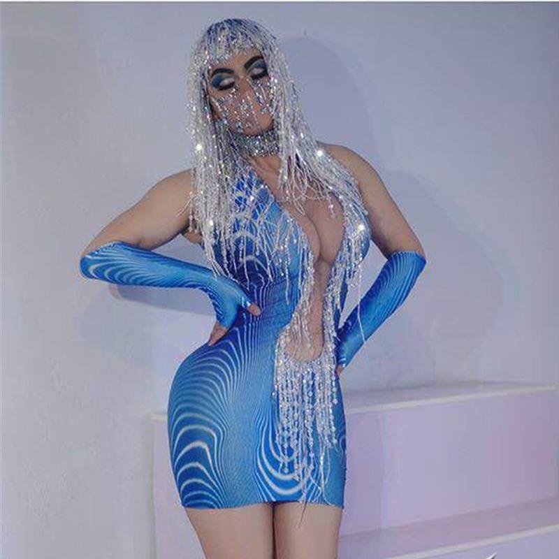 

Stage Wear Shing Blue Rhinestone Stretch Dress Sequins Tassel Short Party Club Sexy Bodycon Wig Dance Rave Outfit XS2378Stage, Headwear