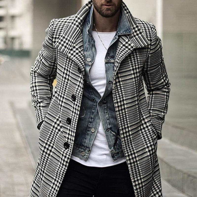 Men's Trench Coats 2022 Coat Plaid Long-length Lapel Collar Long Sleeve Warm Autumn Winter Overcoat