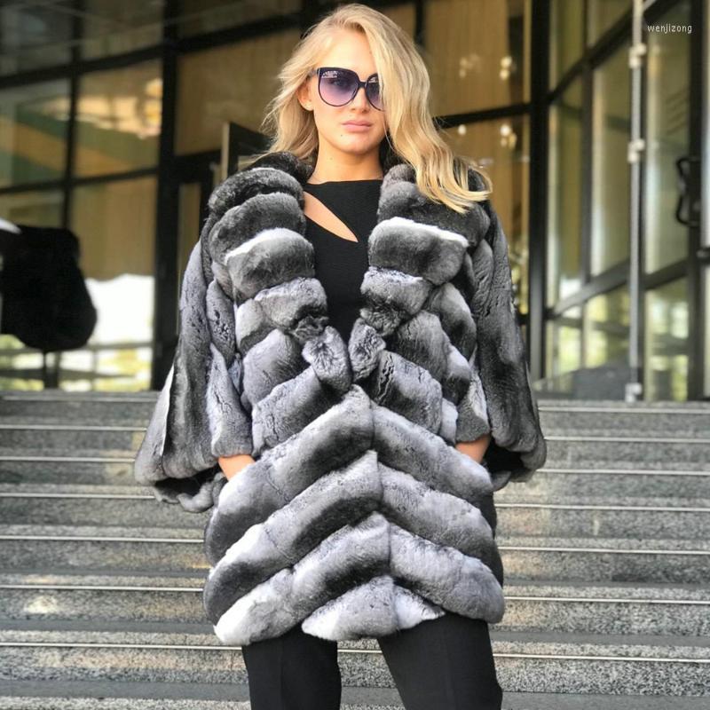 

Women's Fur & Faux High Quality Rex Jacket Natural Women Overcoat Winter Chinchilla Color Genuine Coat Lapel Collar, As picture