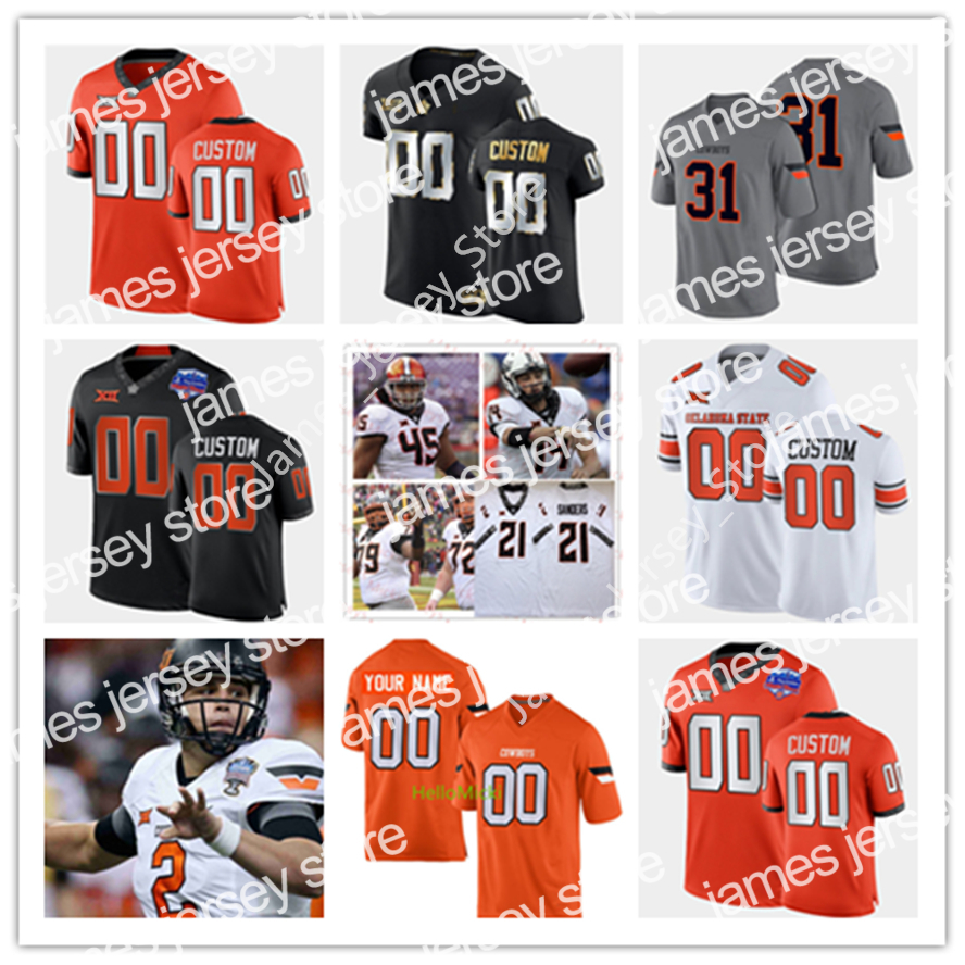 

James James 21 Barry Sanders Jersey 2022 NCAA Custom Oklahoma State OSU Stitched College Football Jersey 17 R.W. McQuarters 91 James Castleman Chuba, New blak with fiesta bowl patch
