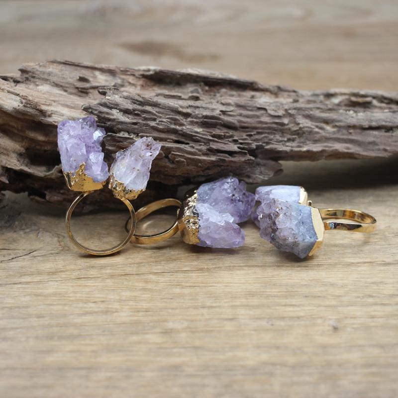 

Cluster Rings Raw Amethysts Geode Druzy Adjustable Natural Stone Crystal Quartz Drusy Gold Color Ring Women Jewelry Drop QC4043Cluster
