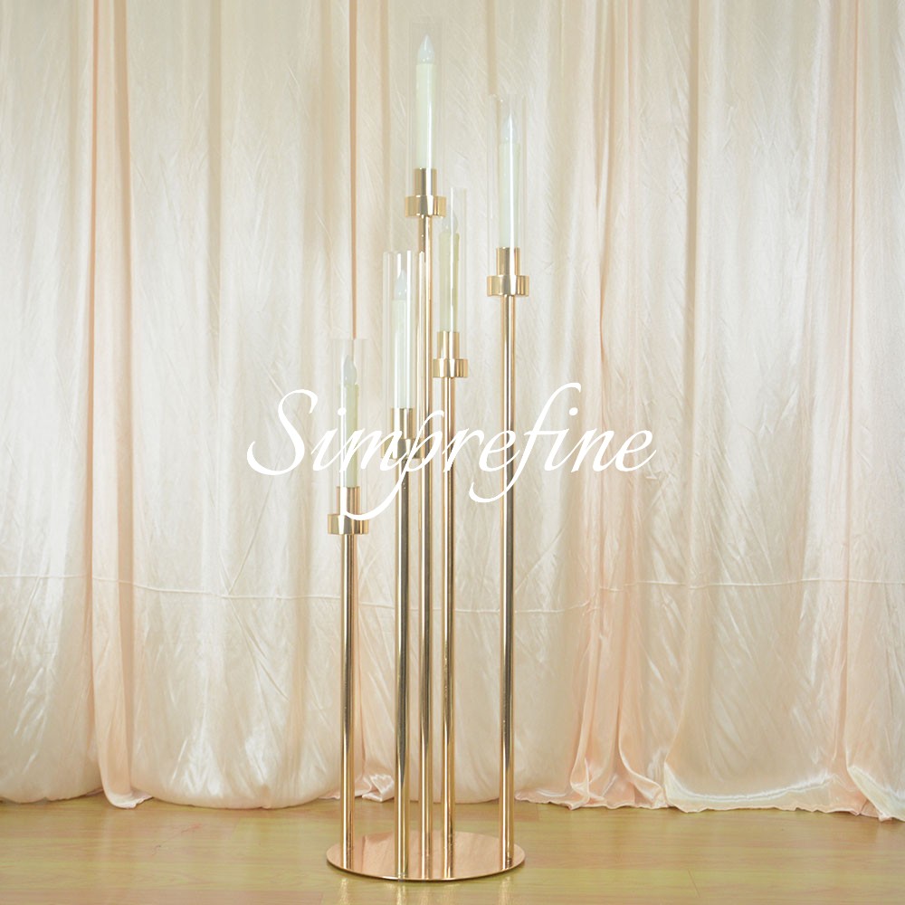 

Wholesale New Arrival Gold Centerpiece 5 Head Candelabra Tall Candle Holder for Table Decoration Wedding Event Party Aisle Stage, As described