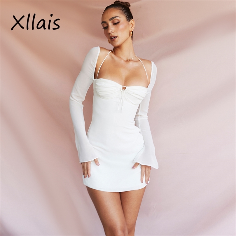 

XLLAIS Sexy Sheer Sleeve Evening Dress Summer Holiday Birthday Club Partywear Square Collar White Dresses Women 220613, Auburn