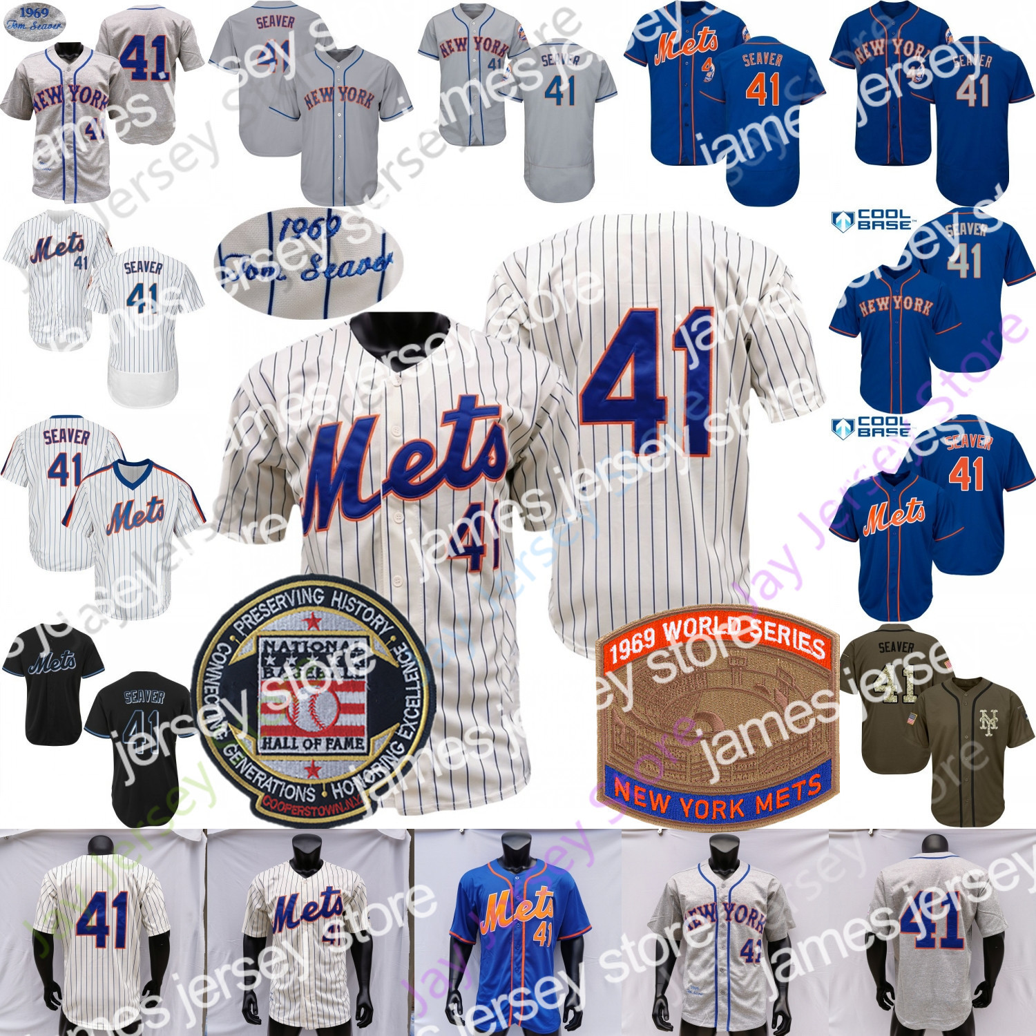 

James Tom Seaver Jersey Vintage Hall Of Fame 1969 WS Patch Home Away White Cream Pinstripe Blue Green Grey Black Pullover All Stitched