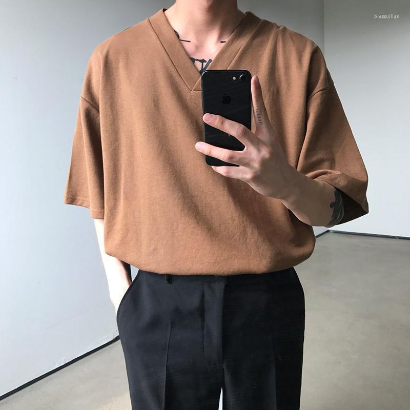 

Men's T-Shirts Korean V-neck T Shirt Men's Fashion Solid Color Casual T-shirt Men Streetwear Loose Short-sleeved TshirtMen's Bles22, Black