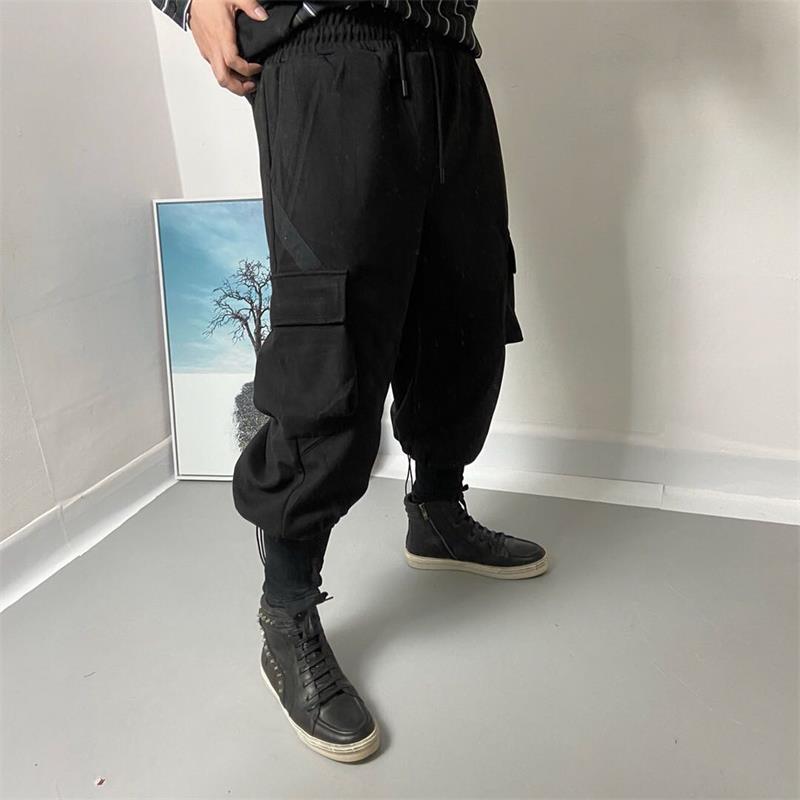 

Men' Pants Men' Casual Winter Solid Color Stretch Waist Side Pocket Stitching Thick Wide Leg Young Fashion Trend Radish PantsMen, Black