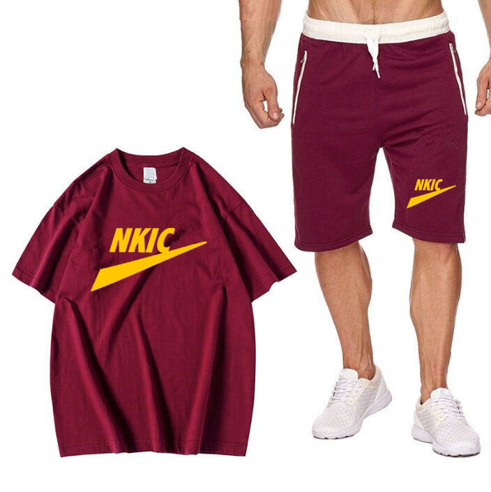 

2022 Summer Tracksuit Men Fashion Brand letter Print Short Sleeve 2 Piece Sets Casual Mens Outfit Set Breathable TShirt and Sweatpants, Wine red