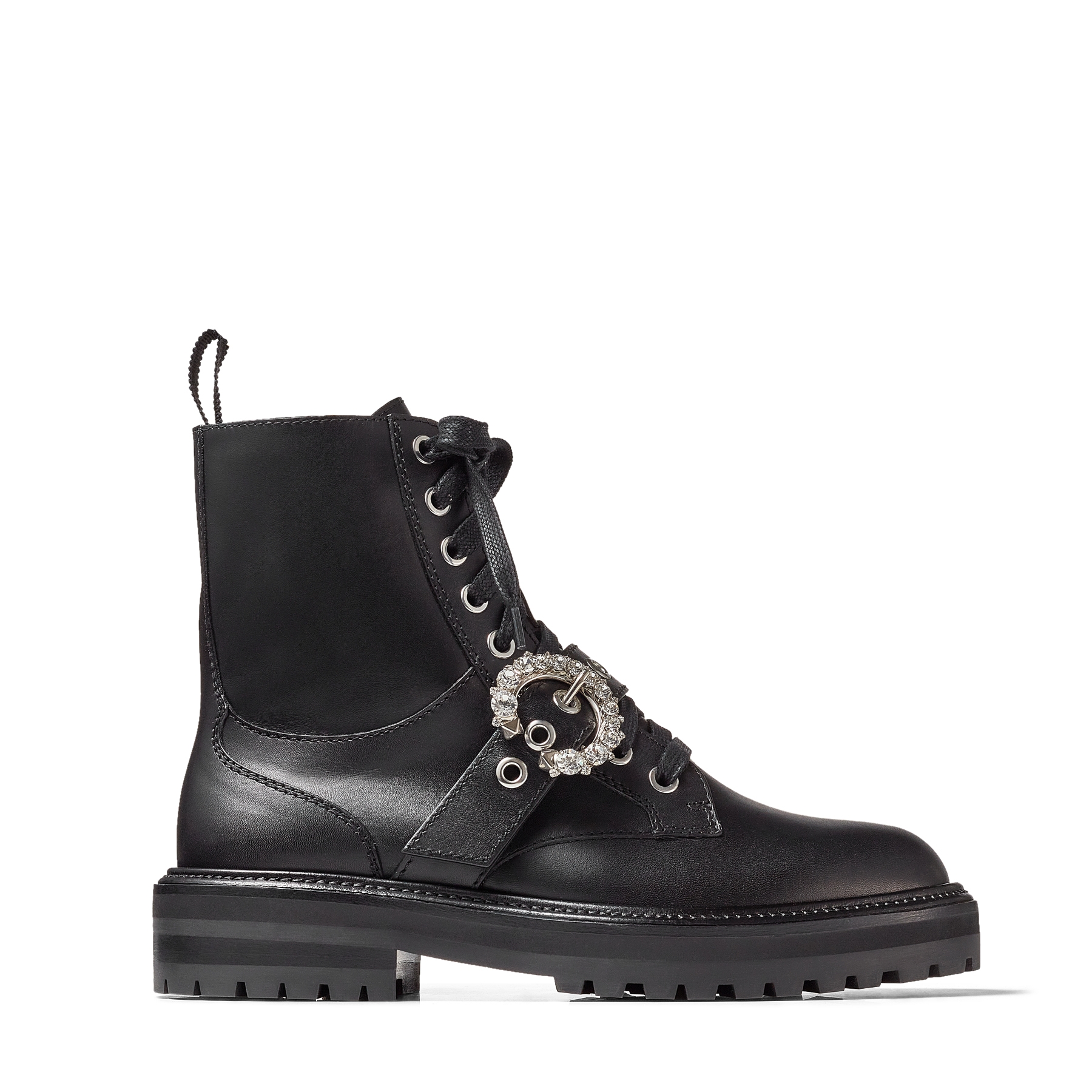 

CORA FLAT/CRYSTAL Army Boots in Black Soft Calfskin with Crystal Buckle 3-5cm Bing100 cool