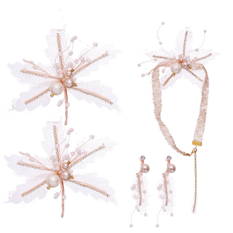 

Hair Clips & Barrettes Pearl Flower Crystal Wedding Headband Golden Floral Bridal Headpiece Crown Earring Jewelry Set For Women Tiara