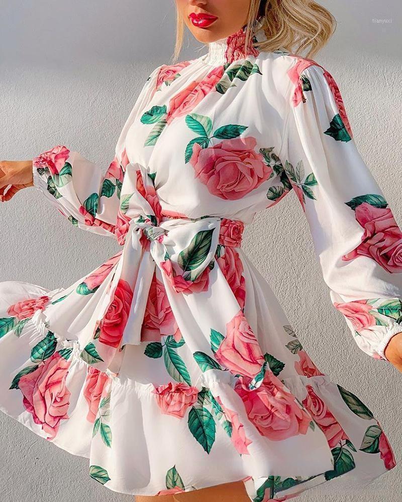 

Casual Dresses 2022 Women' Rose Print Bandage Ruffle Dress