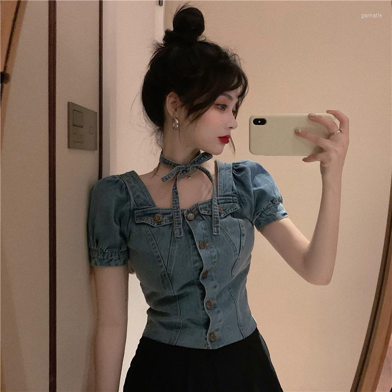 

Women' Blouses & Shirts Summer French Style Denim Shirt Women Puff Sleeve Jacket Tops Single Breasted Vintage Jean Coat StreetwearWomen, Sky blue