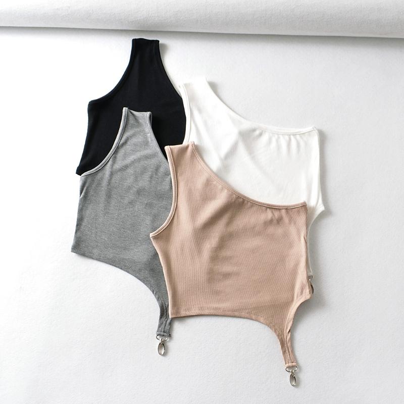 

Women' Tanks & Camis BRADELY MICHELLE 2022 Summer Arrival Solid Color One-Shoulder Tank Crop Top Sexy Causal With Hook Adornment, Black