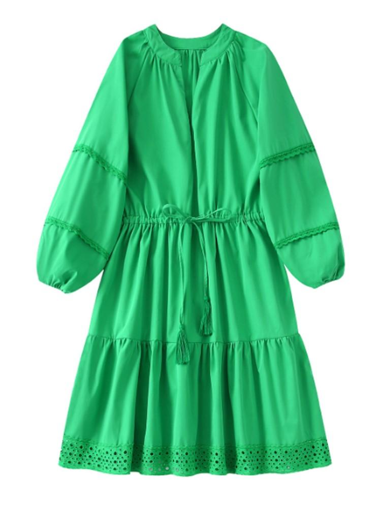 

Casual Dresses Adherebling Dress 2022 Summer Women Green Cutwork Embroidery Drawcord Waist V Neck Raglan Sleeve Female Mini RobeCasual Dress, Gr
