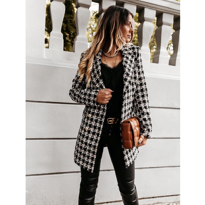 

Womens Wool Fashion Plaid Houndstooth Printing Long Jacket Lapel Trench Coat Overcoat Winter faux abrigos mujer, Black