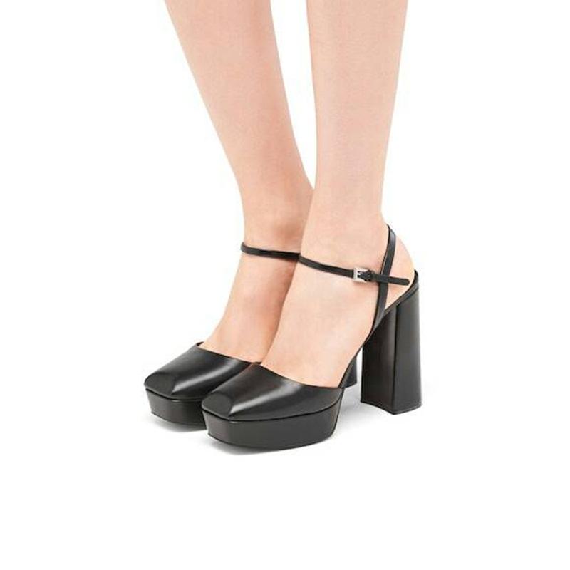 

Dress Shoes 2022 Summer Genuine Leather Women Sandals Square High Heels Black White Woman Pumps Party Wedding Size 40