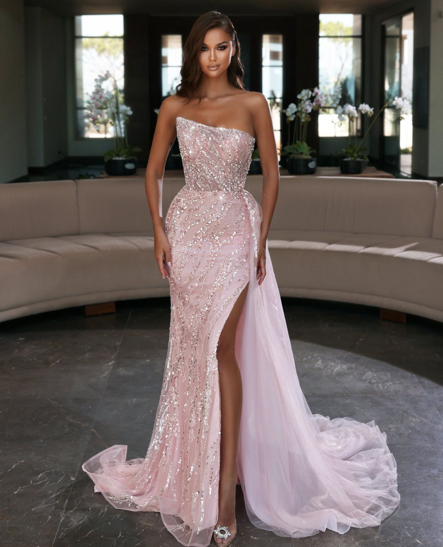 

Sexy Pink Side Split Evening Dresses With Train Beading Sequined Strapless Prom Dresses Robe De Soiree Formal Party Dress, Coral