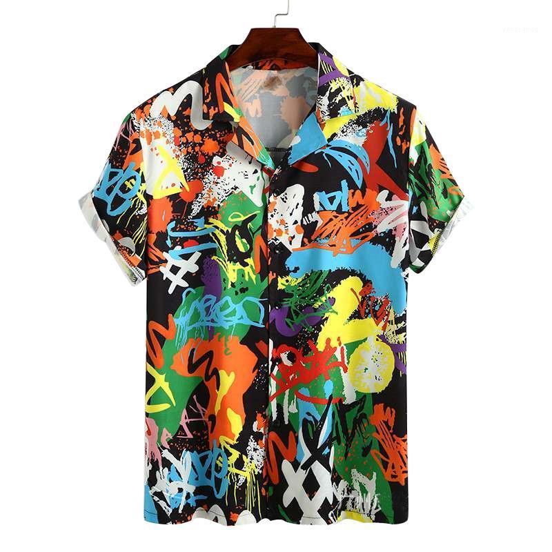 

Hawaiian Shirt Men Printed Short Sleeve Graffiti Loose Cool Comfortable Clothes Party Holiday Chemise Homme Casual For Men's Shirts, Black