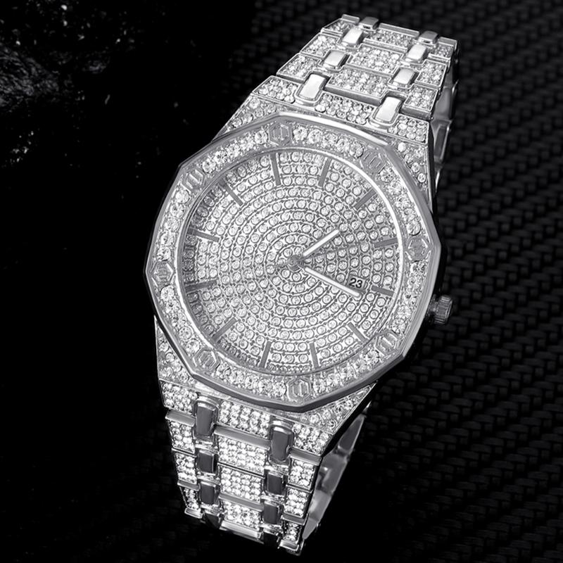 

Wristwatches HipHop Iced Out Men Women Watch Luxury Date Quartz Bling Full Rhinestones Watches Cuban Hand Chain Fashion Jewelry 2022Wristwat, Silver bracelet