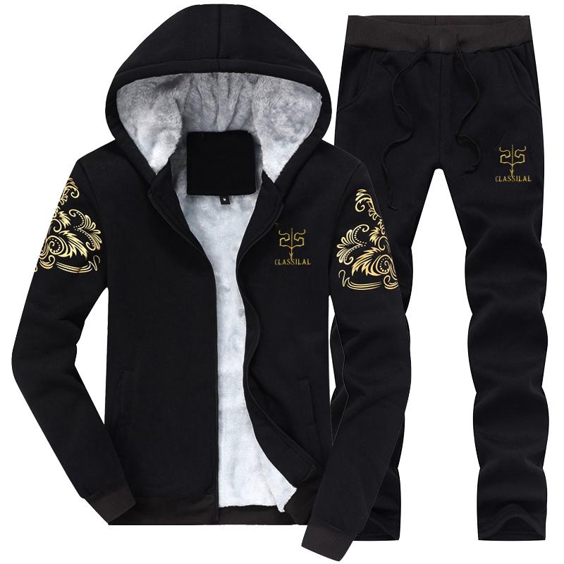 

Men' Tracksuits Winter Plus Velvet Warm Casual Sportswear Suit, Personalized Fashion Printed Slim Hooded Jacket + Elastic Waist Trousers, Dark blue
