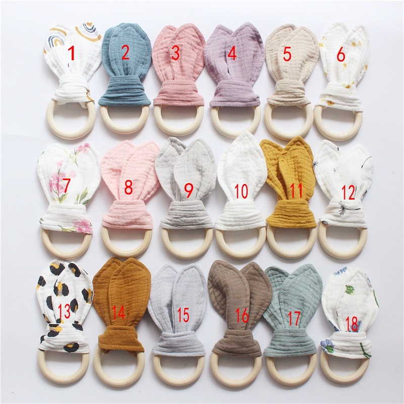 

Bunny Ear Teether Fabric Wooden Teething Ring With Crinkle Material Shower Gift 2780 T2