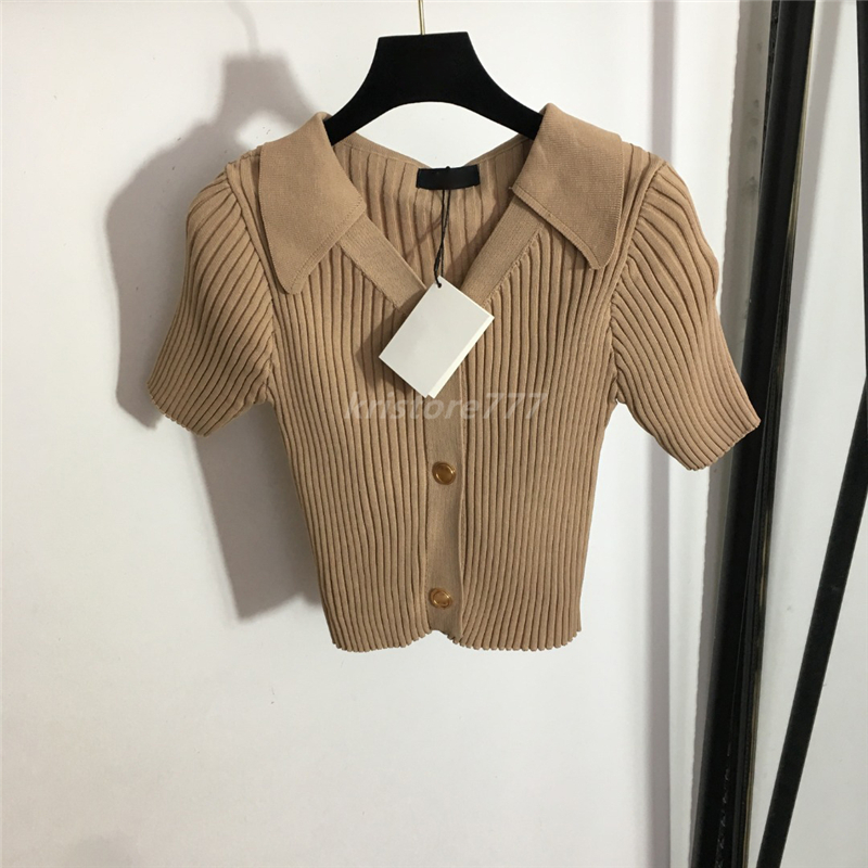 

2022 women summer slim knit tee designer tops with letter buttons milan runway designer crop top t-shirt clothing high end brand elasticity striped pullover sweater, Black