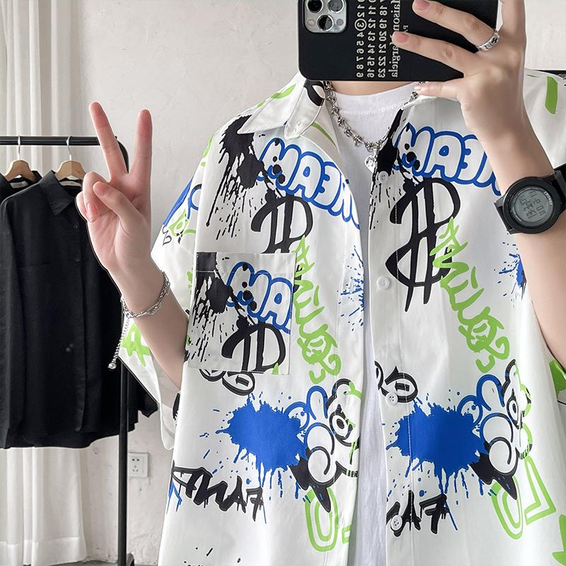 

Men's Casual Shirts Letter Graffiti Loose Button Up Mens Summer Fashion Trends Clothes Teenage Short Sleeve Shirt Oversized StreetwearMen's, White