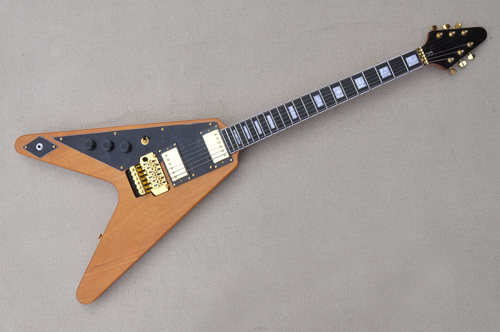 

Factory Flying V left handed electric guitar with Gold Hardware,rosewood fingerboard,Double rock bridge,Mahogany Body and neck,can be customized
