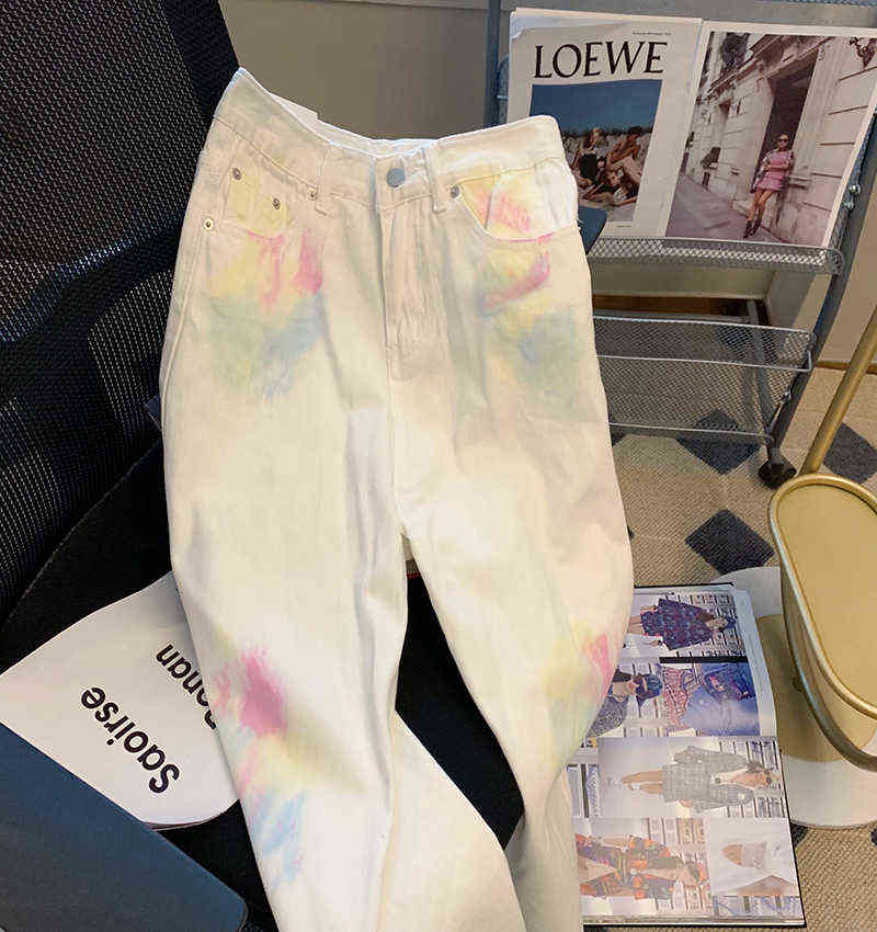 

Women White Denim Jeans Tie Dye Graffiti Wash Jeans Loose Casual Denim Wide Leg Pants Woman Long Trousers fashion jeans pants T220728