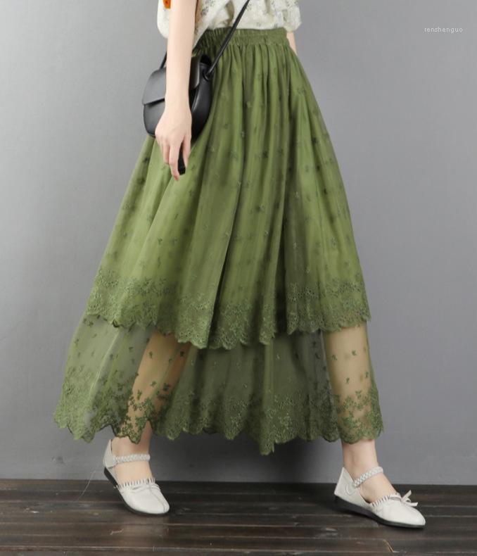 

Skirts 2022Mori Girl Style Women Lace Embroidery Net Yarn Loose Female Knee-Length Clothing Sweet, Green