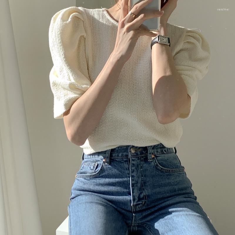 

Women's Blouses & Shirts Summer 2022 Korean OL Fashion Puff Sleeve Tops Women O-neck Solid Vintage Office Casual Basic Ladies Blusas FemmeWo, Beige