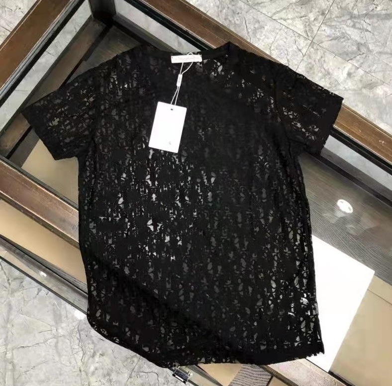 

Designer Mens Womens See-through T Shirts luxurys summer Lace 3D print letter French Fashion T-shirt Tees Street Short Sleeve t shirt transfers white black hollow out, Black-short sleeve