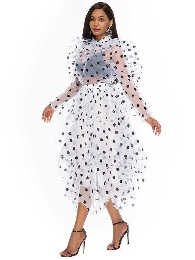 Robes de travail Femmes Blouse Jupes 2 Pièces Ensemble À Pois Costumes À Volants Mince Chemises Transparentes Élégant Tutu Jupes Mignon Mode Été