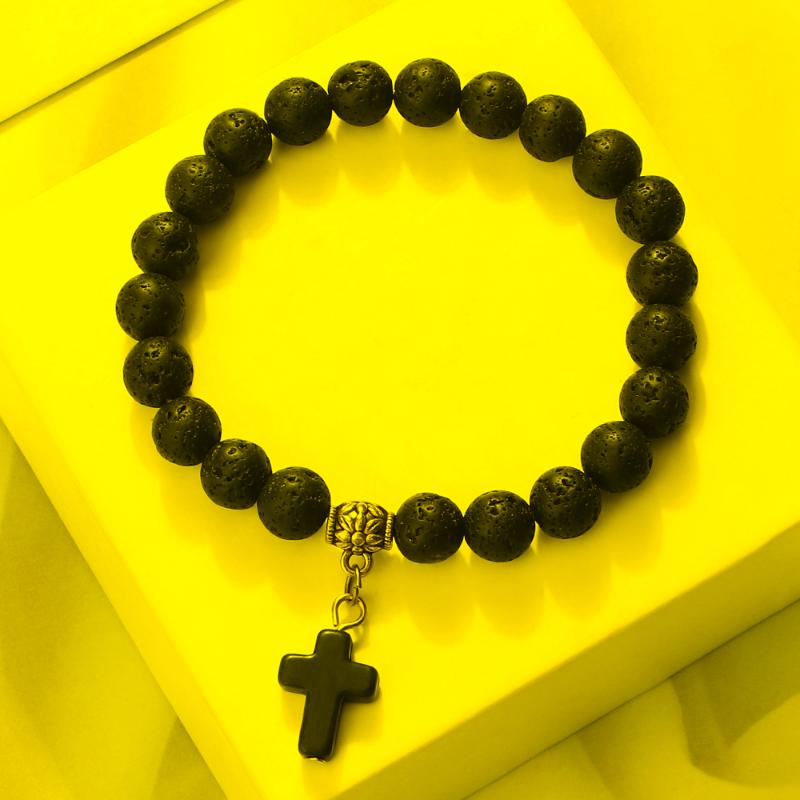 

Beaded Strands Natural Stone Cross Bracelets Charm Women Men Black Lava Rock Bead Onyx Stretch Strand Bracelet & Bangle Prayer JewelryBe