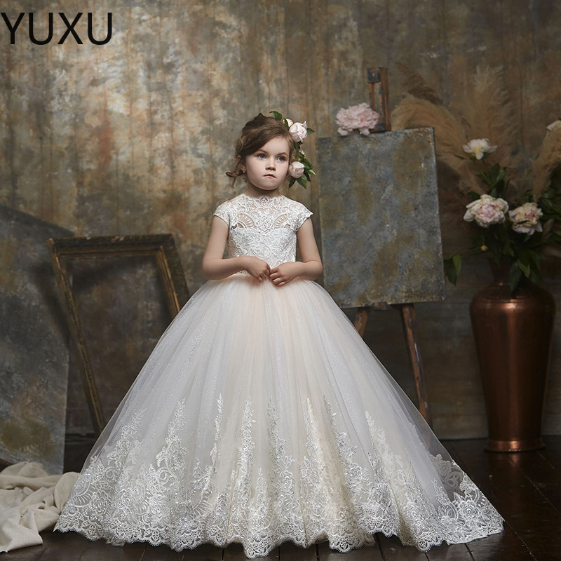 2022 Vintage Mariage Fleur Filles Robe Col Carré Manches Courtes Robe De Concours Une Ligne Champagne Dentelle Ivoire Tulle Longues Robes Formell