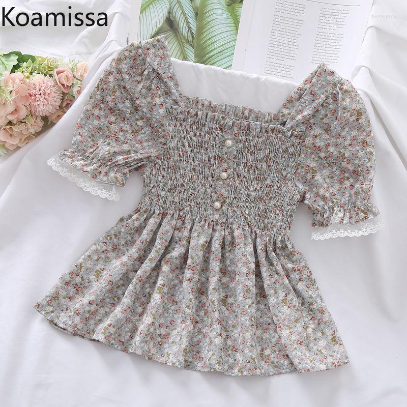 

Women' Blouses & Shirts Koamissa Vintage Women Summer Cropped Blouse Short Sleeves Squre Collar Tops 2022 Sexy Blusas Lady Sweet Retro Shir, Blue